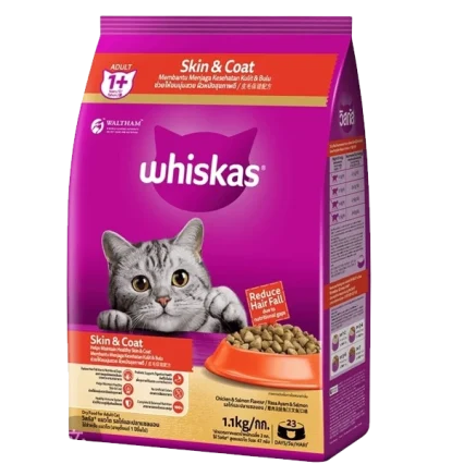 Whiskas 1+ Adult Dry Cat Food Skin & Coat-Chicken & Salmon Flavour (1.1kg)